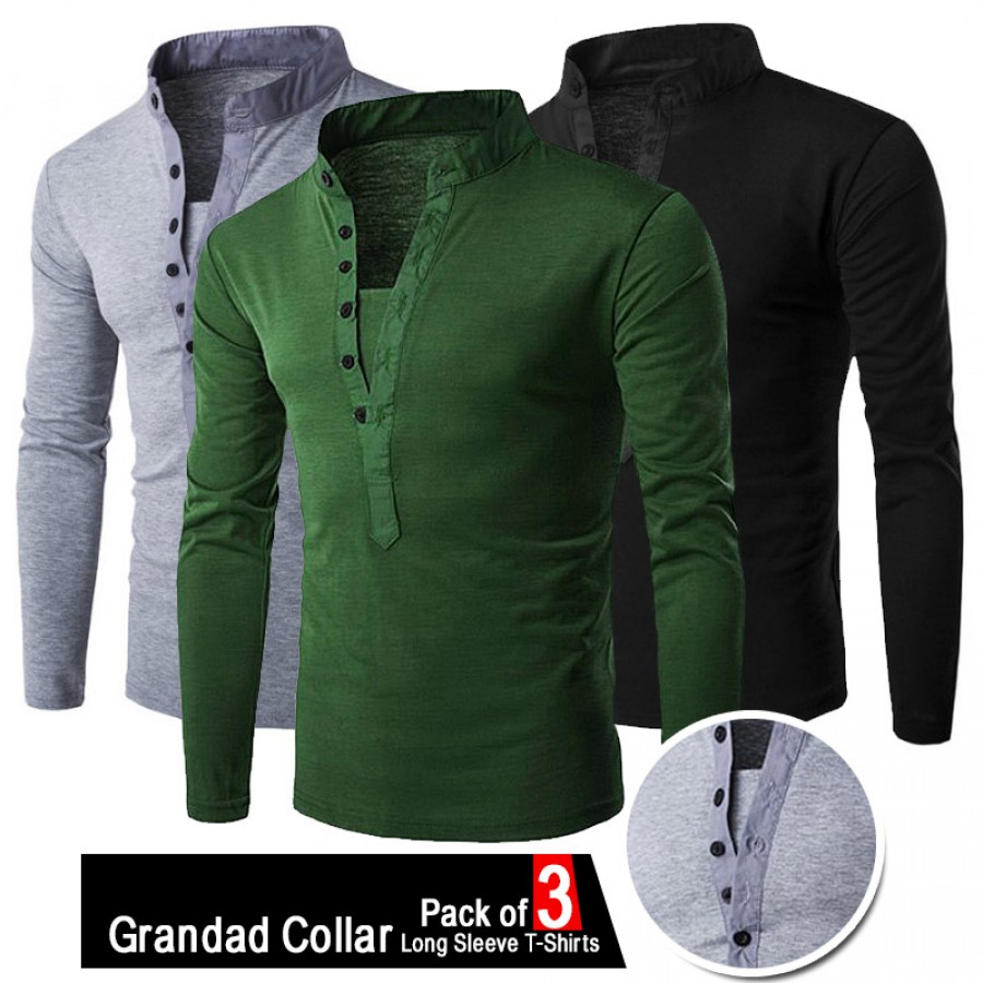 Pack Of 3 Grandad Collar Long Sleeve T Shirts