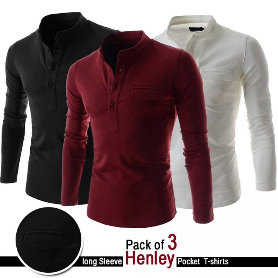 Pack Of 3 Long Sleeve Henley Pocket T Shirts