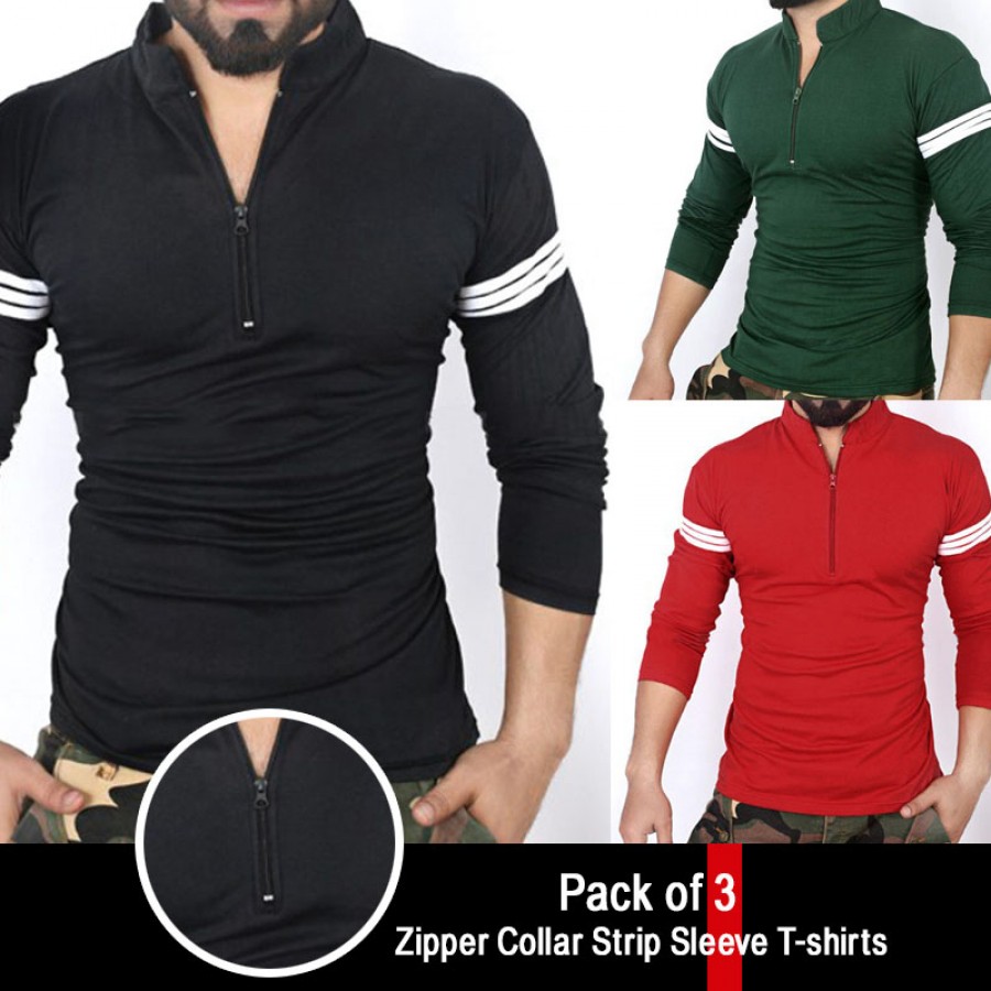 Pack Of 3 Zipper Collar Strip Sleeve T Shirts