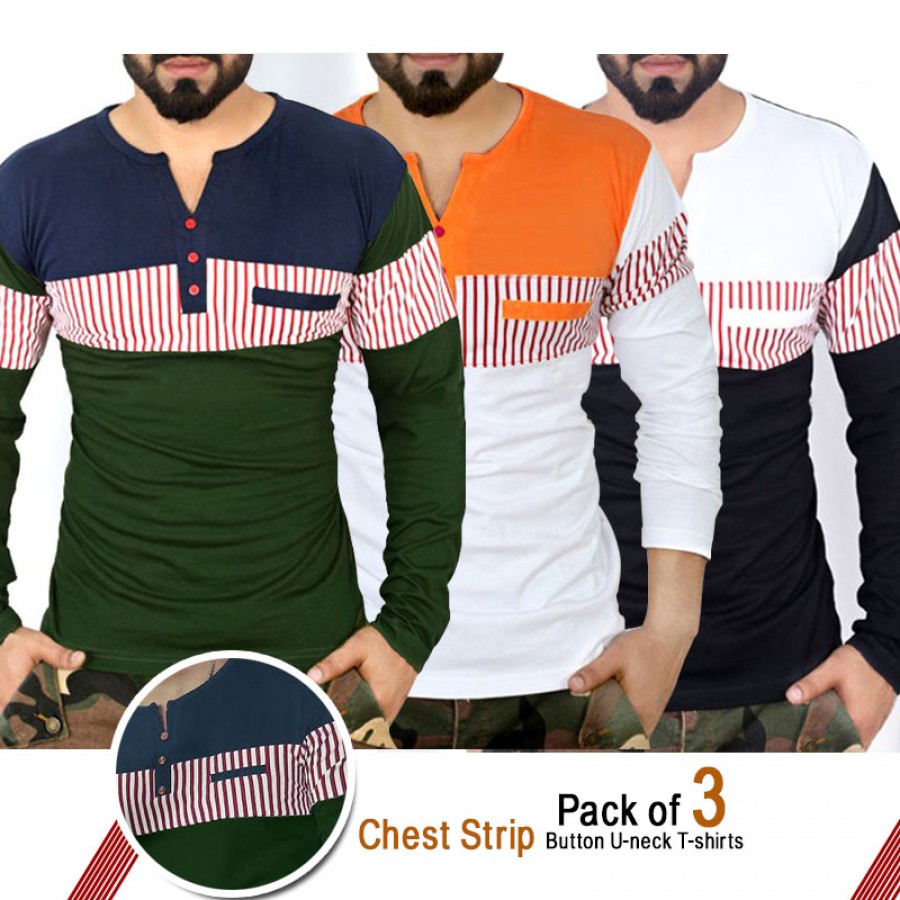 Pack Of 3 Chest Strip Button U Neck T Shirts