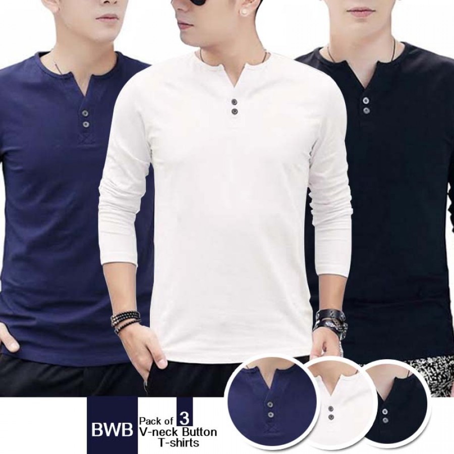 Pack Of 3 Bwb V Neck Button T Shirts