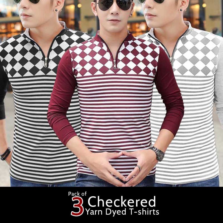 Pack of 3 Checkered Yarn Dyed T-shirts
