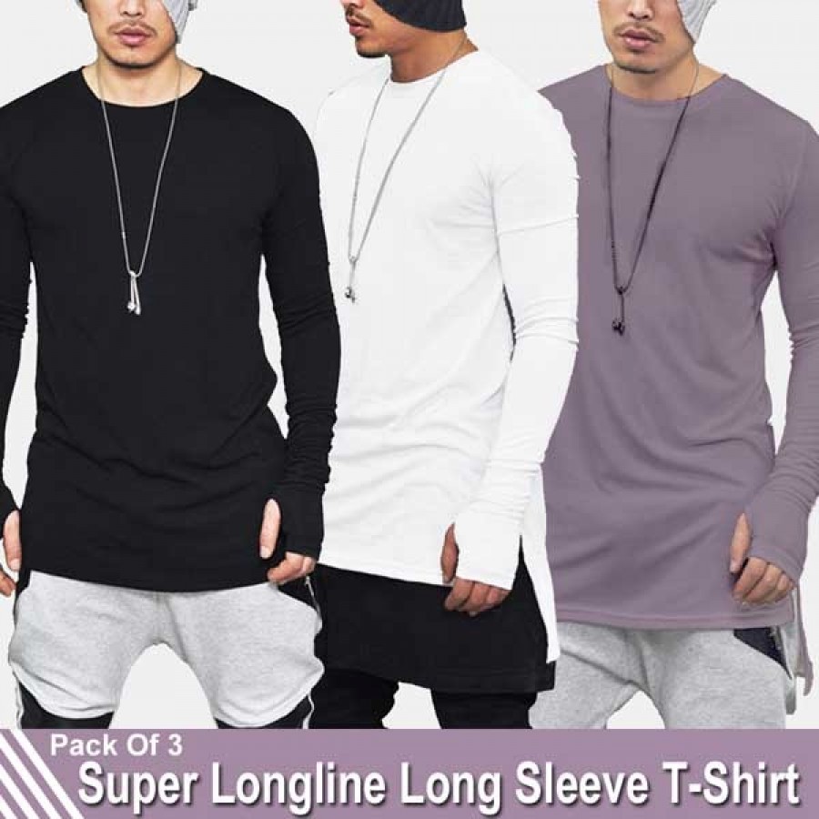 Pack of 3 Super LongLine Long Sleeve T-Shirt