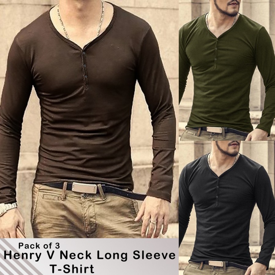 Pack of 3 Henry V neck Long Sleeve T-Shirt 