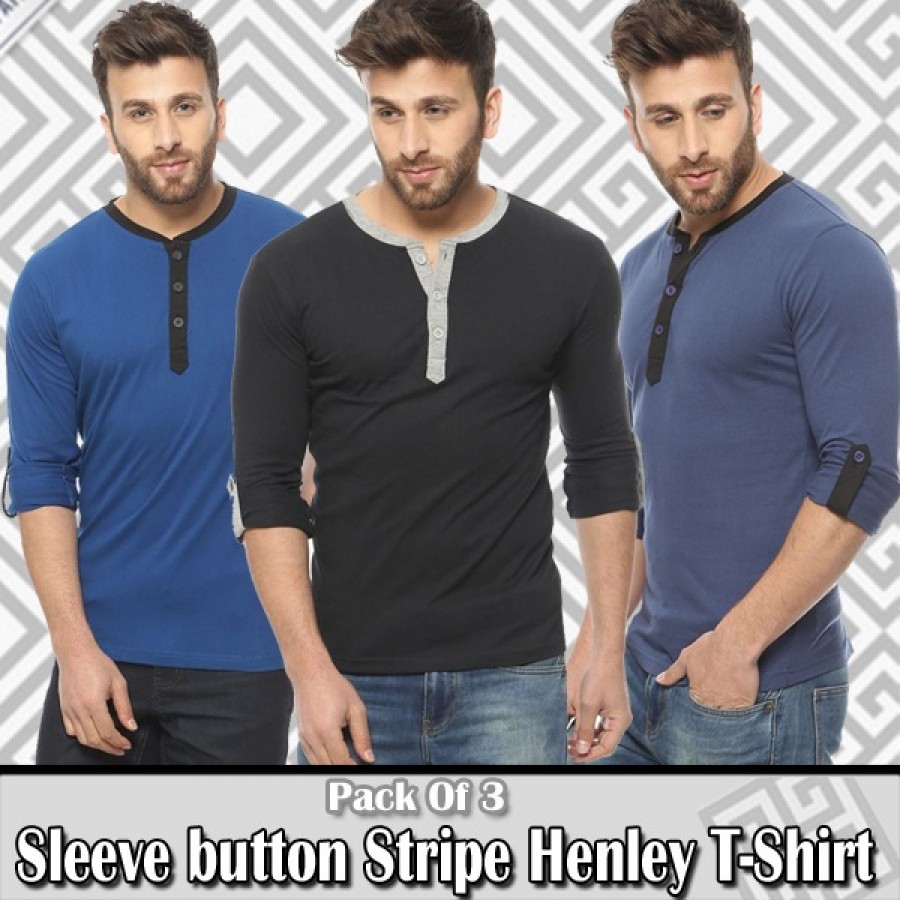 Pack of 3 Sleeve Button Stripe Henley T-Shirt 