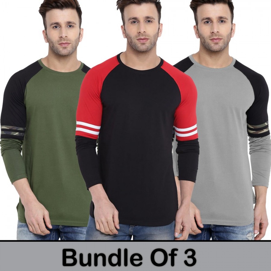 Pack of 3 Strip Sleeves Round Neck Raglen T-Shirts 