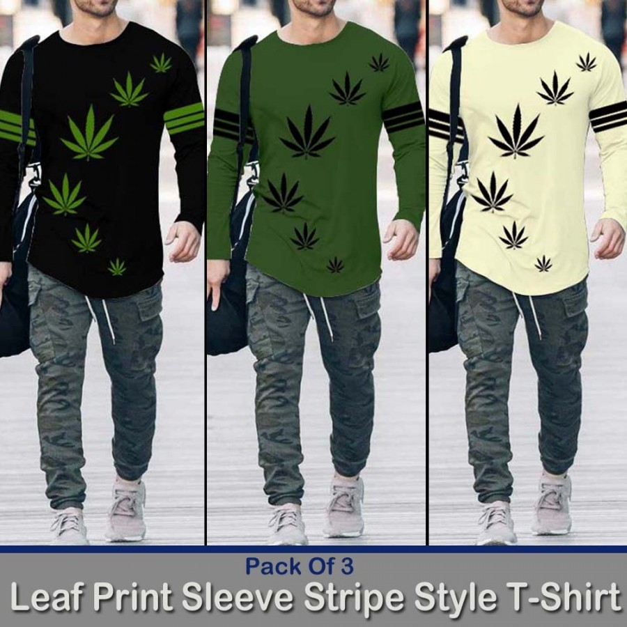 Pack of 3 Leaf Print Sleeve Stripe Style T-Shirt