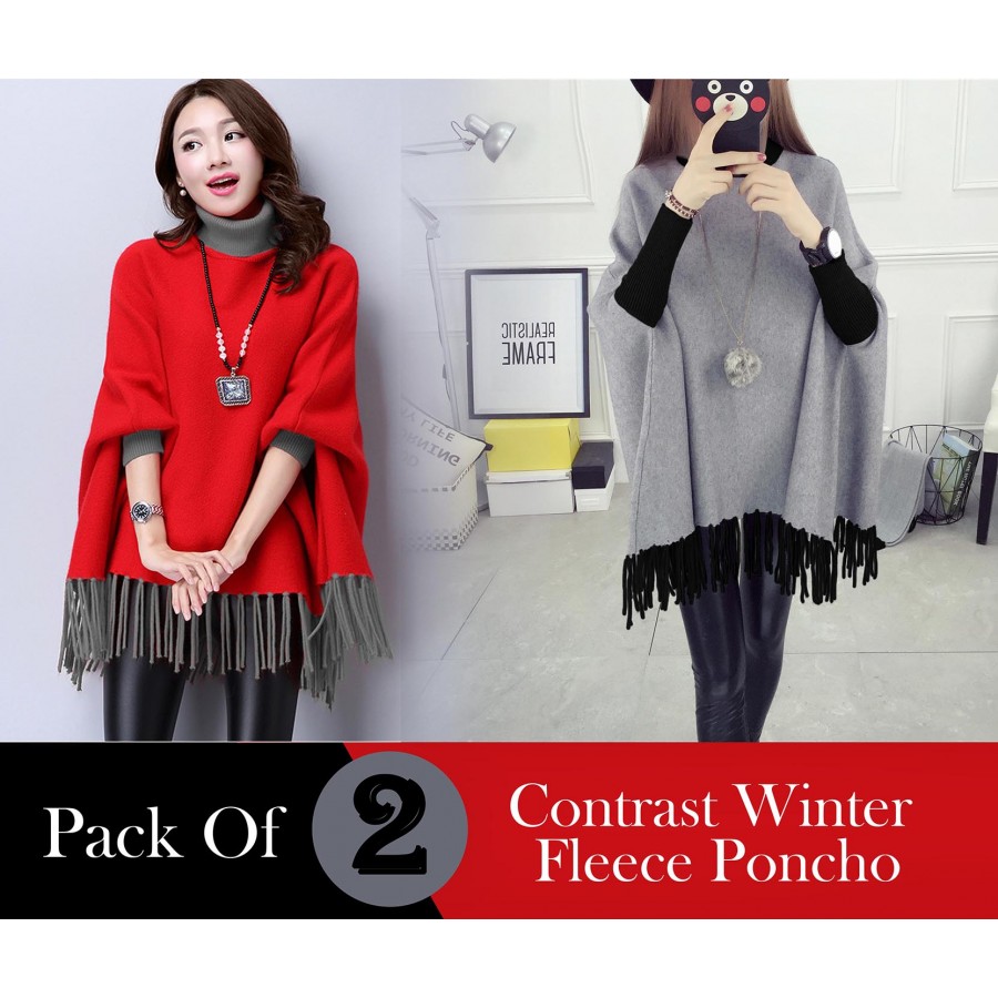 Pack Of 2 Contrast Winter Fleece Poncho