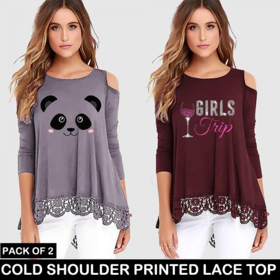 PACK OF 2 COLD SHOULDER PRINTED LACE TOP