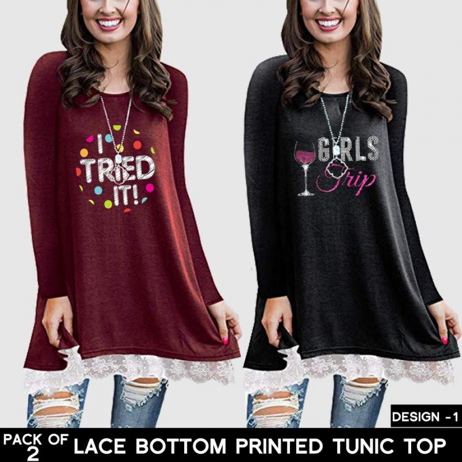PACK OF 2 LACE BOTTOM PRINTED TUNIC TOP