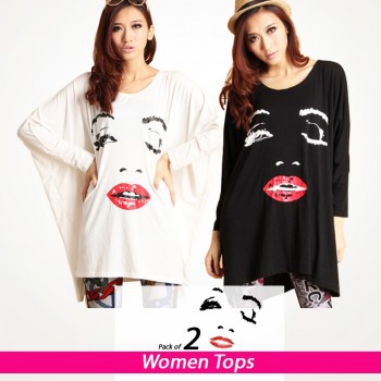 Pack of 2 Loose Fitting Lip Print Tops for Women