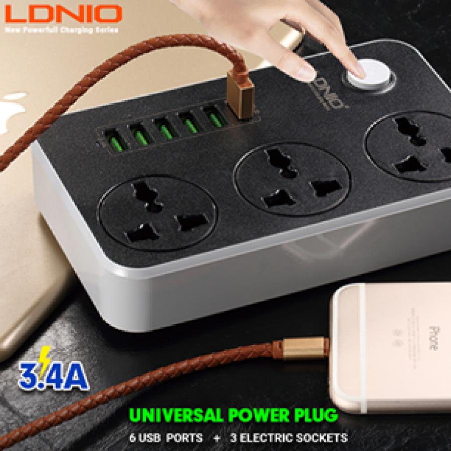 LDNIO 5V 3.4A Desktop 3 Power Socket 6 USB Port 5.24ft/1.6m EU Plug Charging Socket