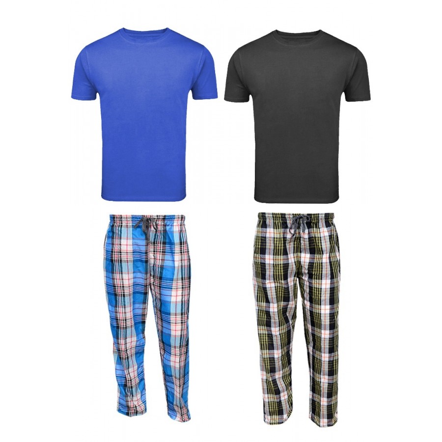 2 Checkered Pajamas - 2 Round Neck T Shirts