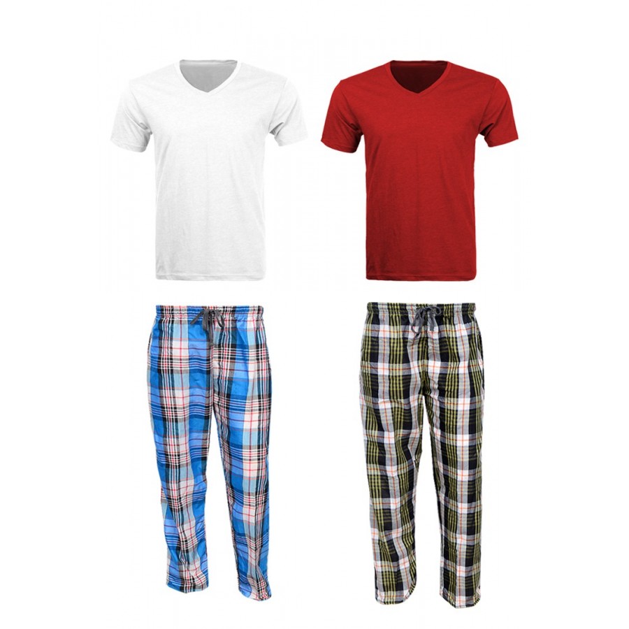2 Checkered Pajamas - 2 V Neck T Shirts