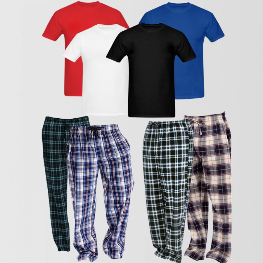 4 Checkered Pajamas - 4 Round Neck T Shirts
