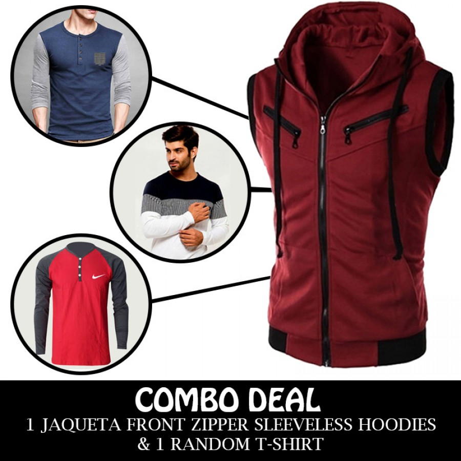 Combo Deal 1 Jaqueta Front Zipper Sleeveless Hoodies And 1 Random T-shirt