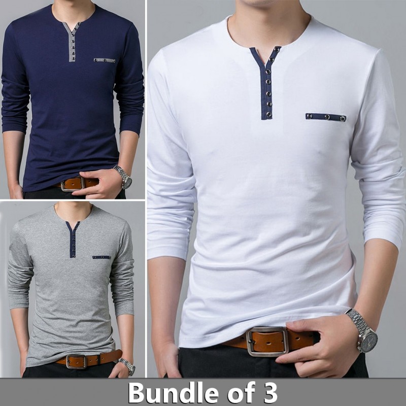 Men's Clothing : Bundle of 3 Contrast Y-Neck Button T-Shirts