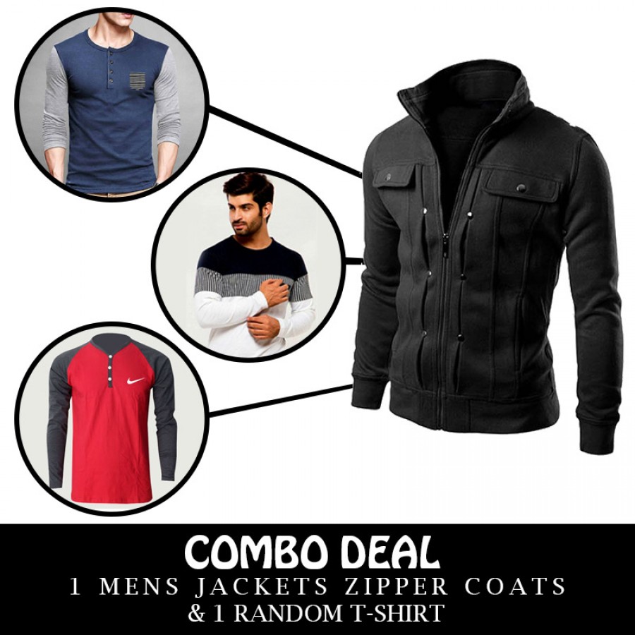 Combo Deal 1 Mens Jackets Zipper Coats And 1 Random T-Shirt