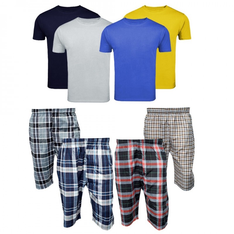 Men's Clothing : 4 Checkered Shorts - 4 Round Neck T Shirts