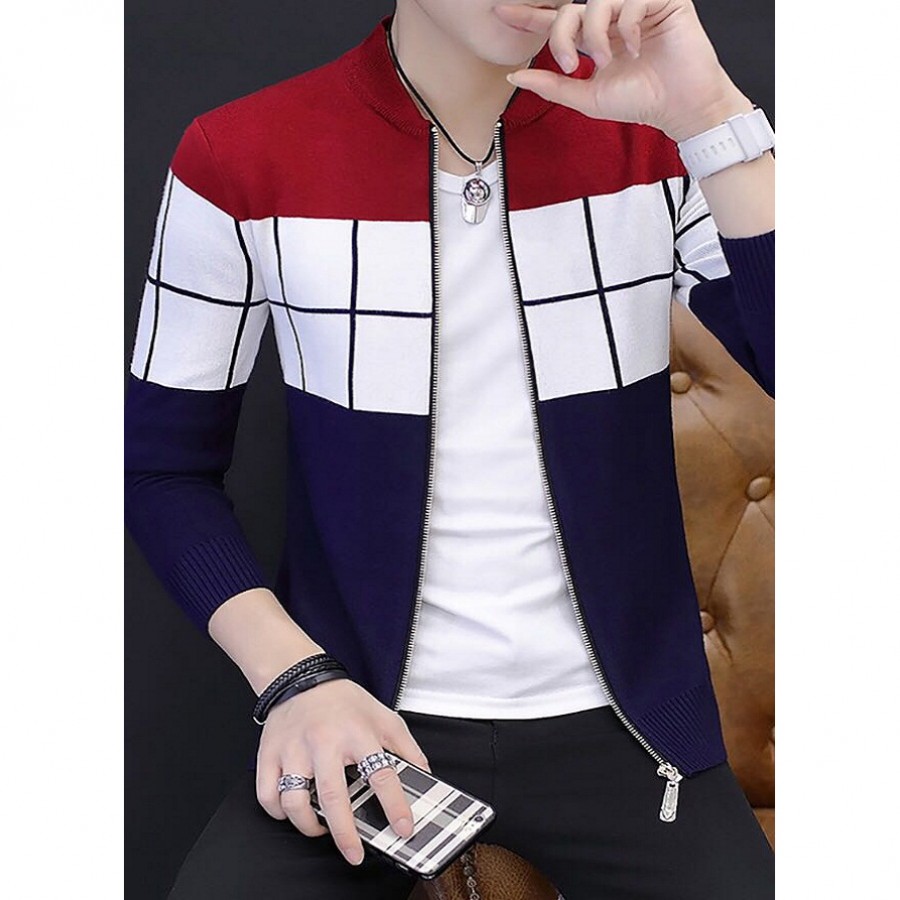 Checkered Panel Zipper Jacket For Men 